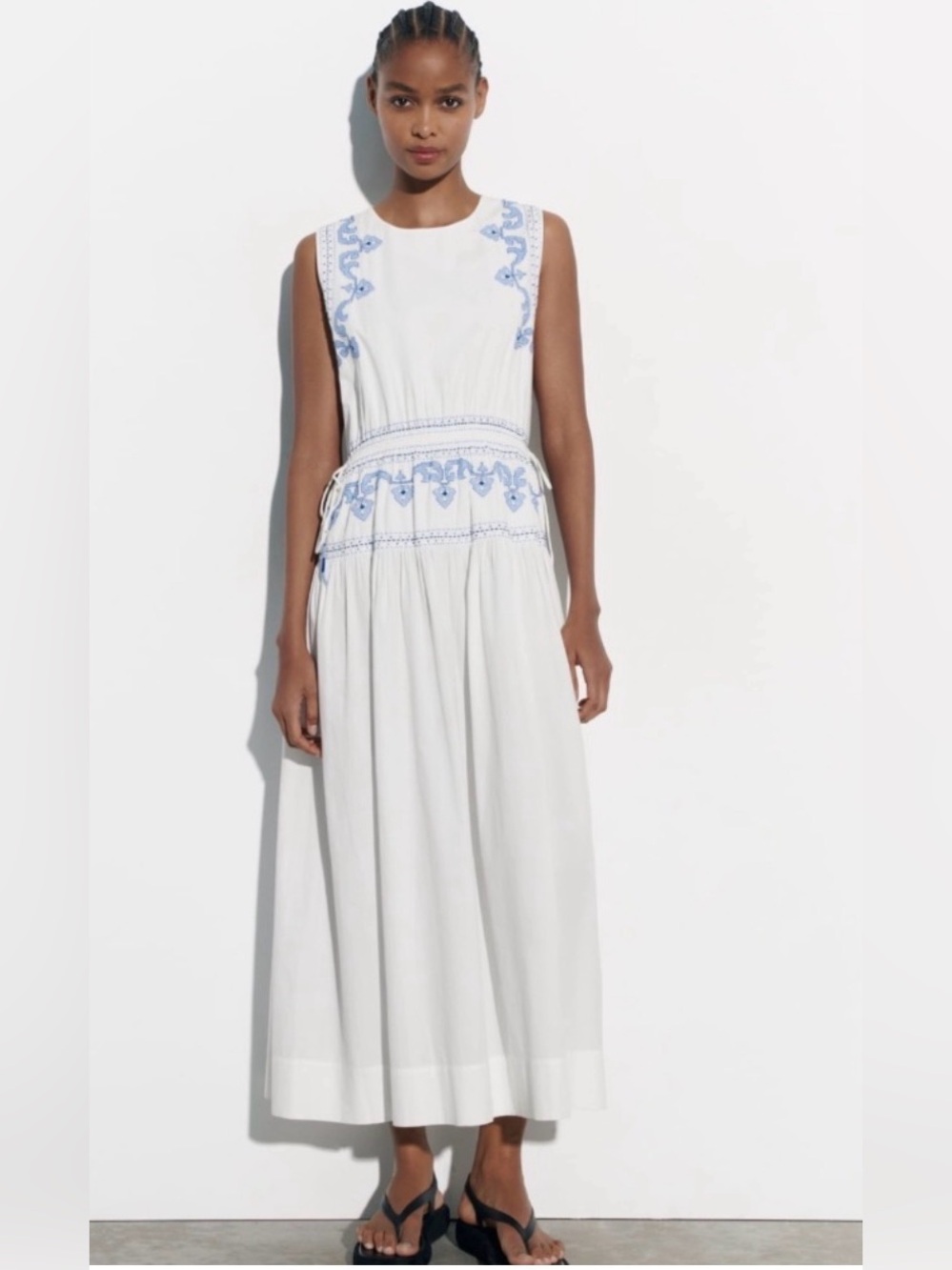 Zara White Midi Dress with Light Blue Embroidery